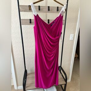 Lauren Ralph Lauren Fuchsia Beaded Shoulder Straps Draped Cocktail Dress